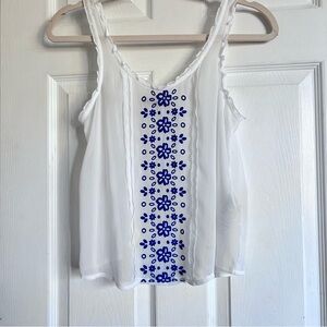 Hollister Vintage White and Blue Floral Embroidered Women Chiffon Cami top